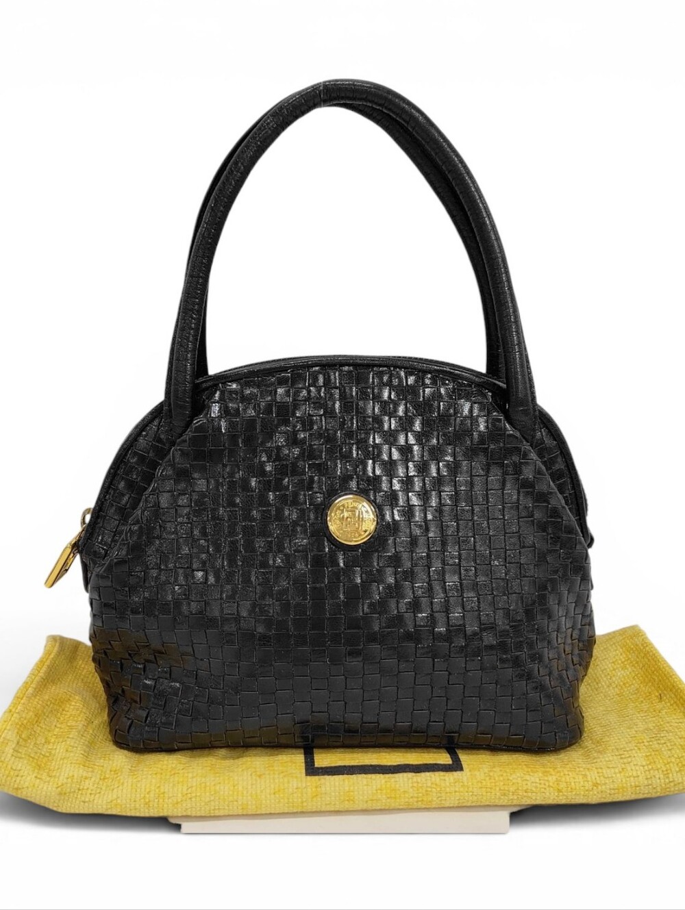 +COA FENDI Black Woven Dome Shoulder Bag with Gold Emblem